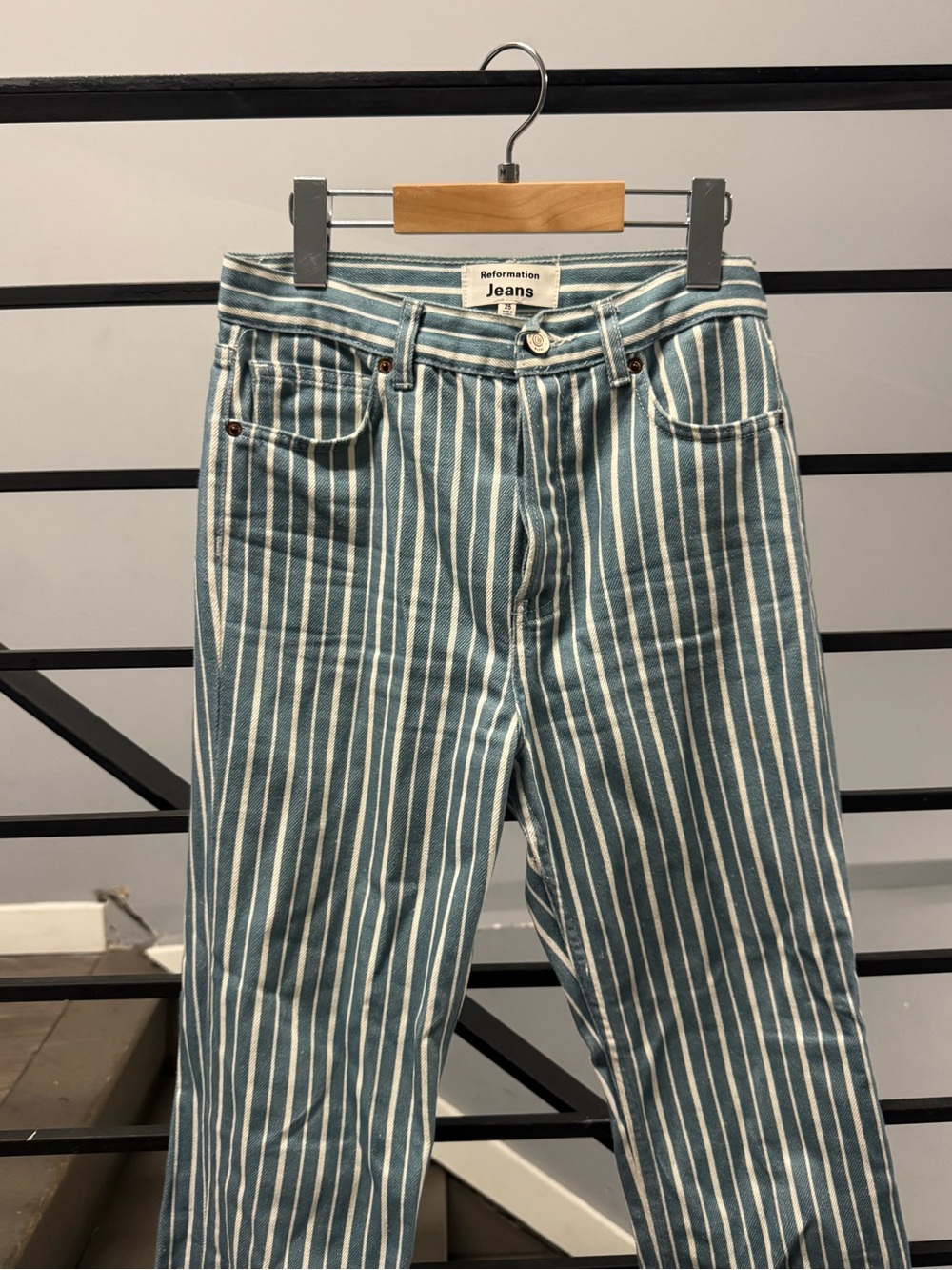 Reformation Vertical Stripe Blue and White Straight-Leg Jeans